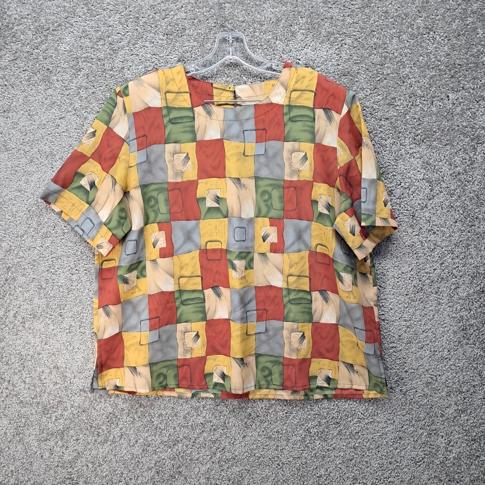 Modern Essentials Womens Multicolor Geometric Patchwork Short Sleeve Blouse